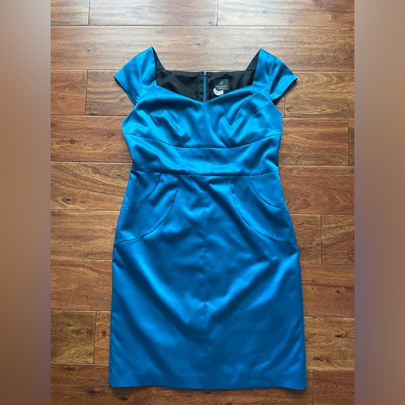 Adrianna Papell Women's Size 14 Blue Satin Sheath Midi Dress Cap Sleeve - Picture 3 of 9